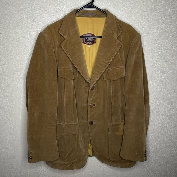 VTG Cortefiel Mens Blazer Jacket Size 44 Mustard Yellow Corduroy 2-Button Lined - Picture 2 of 5